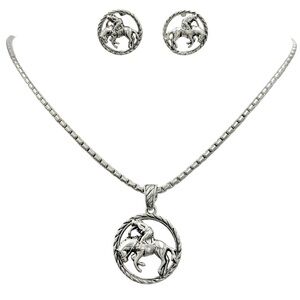Bucking Horse Silver Tone Pendant Necklace Stud Earrings Set